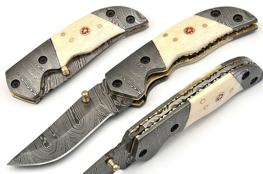 Custom Handmade Damascus Folding-Pocket Knife With Camel Bone Handle