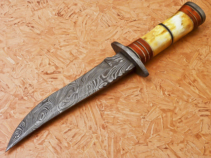 Custom Handmade Damascus Hunting Knife With Bone Handle