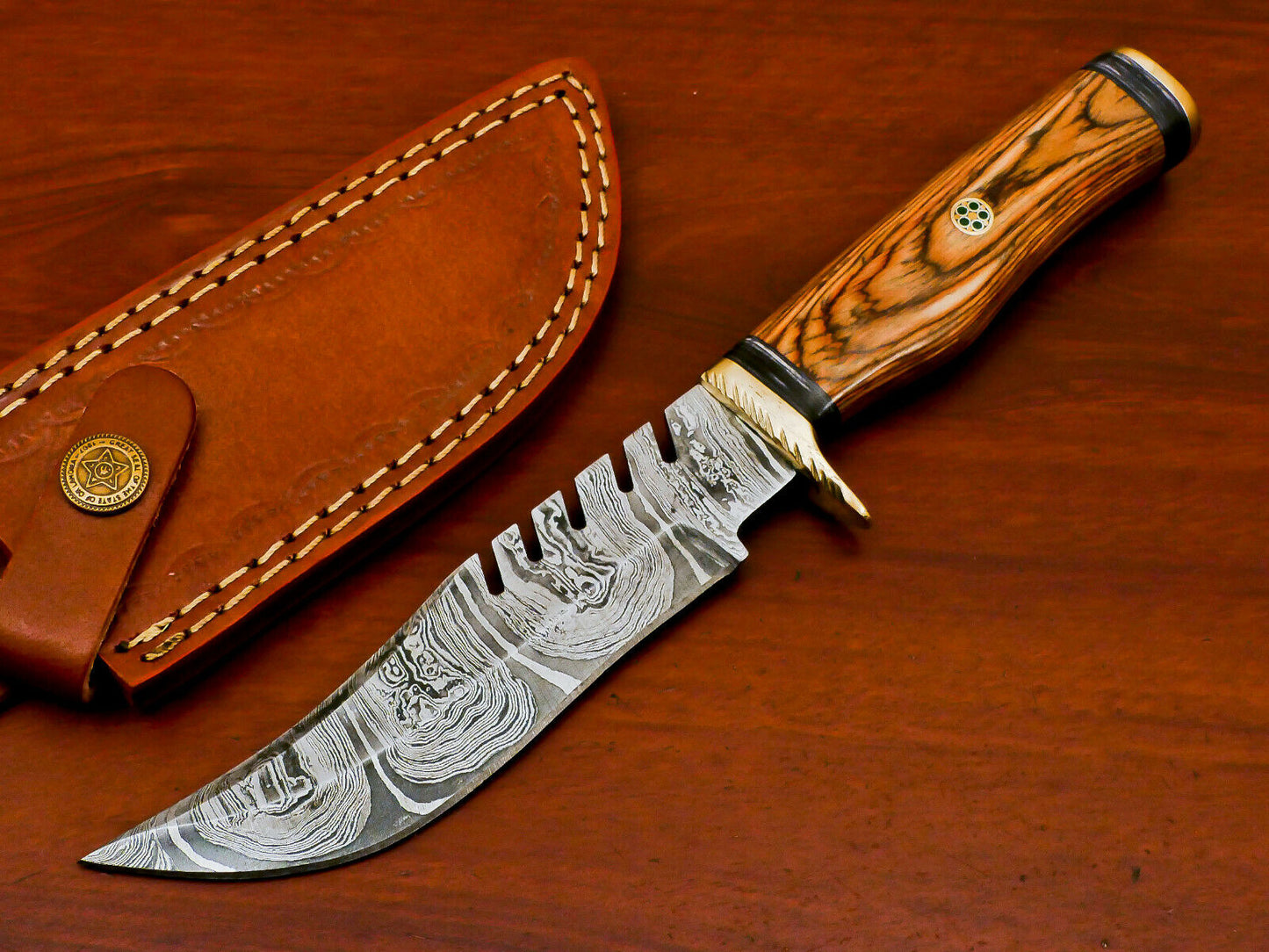 HS-488 Custom Handmade Damascus Bowie-Hunting Knife With Hard Wood Handle