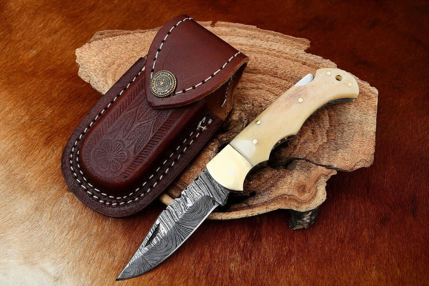 Custom Handmade Damascus Steel Back-Lock Pocket | Folding Knife | Leather Sheath- Camel Bone Handle