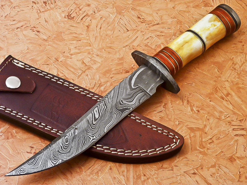 Custom Handmade Damascus Hunting Knife With Bone Handle