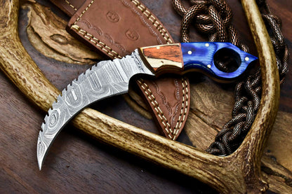 HS-908 Custom Handmade Damascus Steel Karambit Knife - Beautiful Micarta Wood Handle
