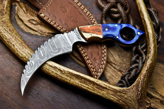 HS-908 Custom Handmade Damascus Steel Karambit Knife - Beautiful Micarta Wood Handle
