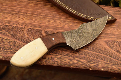 HS-833 Custom Handmade Damascus Skinner Knife With Natural Wood & Stained Bone Handle