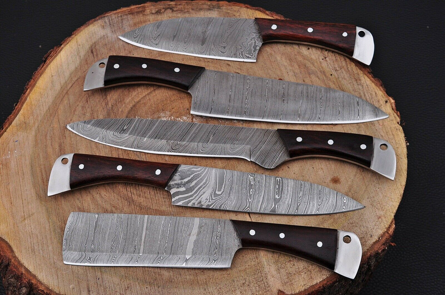 HS-197 Custom Handmade Damascus Chef-Kitchen Knives Five Pieces Set With Wood Handle