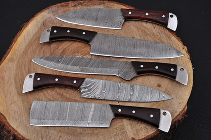 HS-197 Custom Handmade Damascus Chef-Kitchen Knives Five Pieces Set With Wood Handle