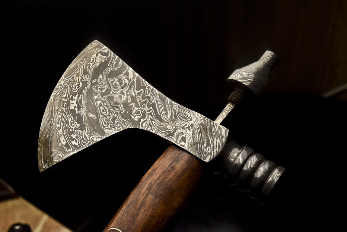 HS-1080 | Custom Handmade Damascus Smoking Tomahawk knife, Hatchet, Axe,Integral Natural Wood