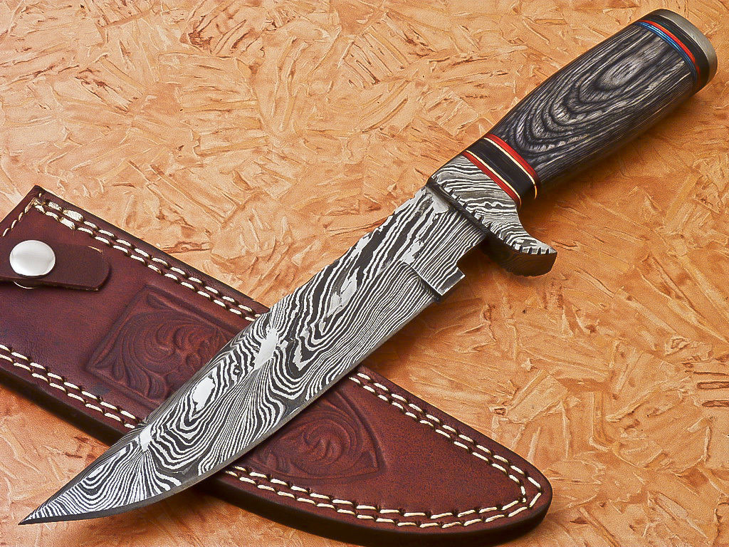 Custom Handmade Damascus Hunting Knife With Hard Wood Handle