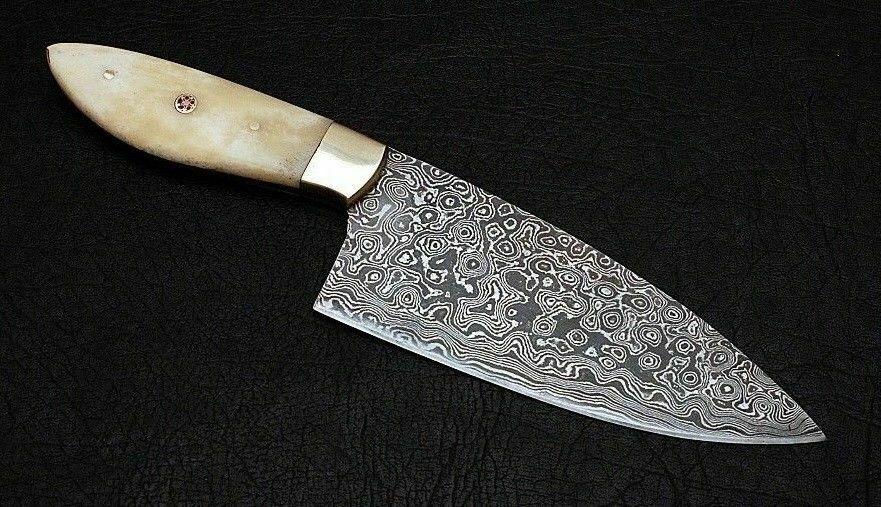 HS-455  Custom Handmade Damascus Kitchen/Chef Knife - Camel Bone Handle - Best Price