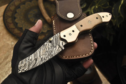 Custom Handmade Damascus Folding Knife With Camel Bone Handle