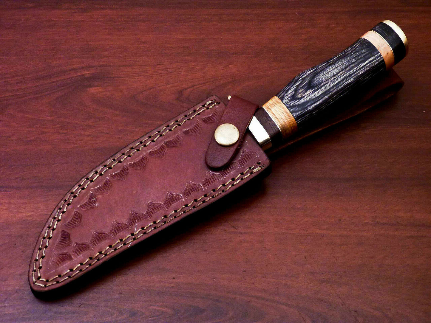 HS-527 Custom Handmade Damascus Hunting Knife With Brass Guard & But Cap - Hard Wood