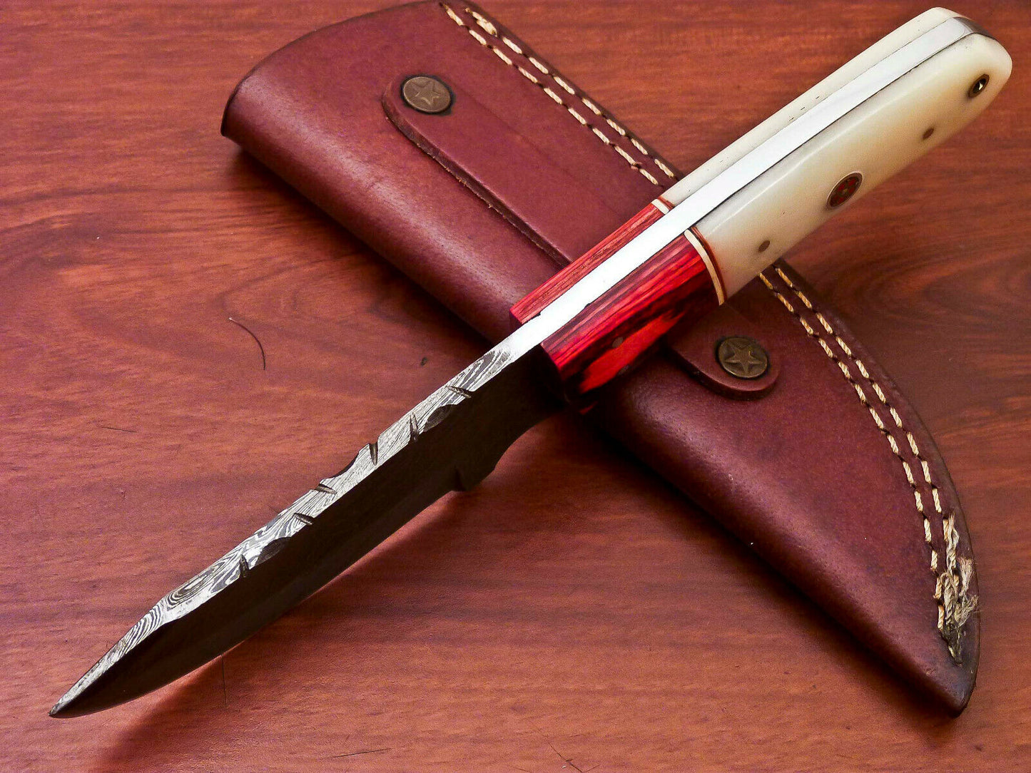 HS-819 Custom Handmade Damascus Skinner Knife With Camel Bone and Wood Handle