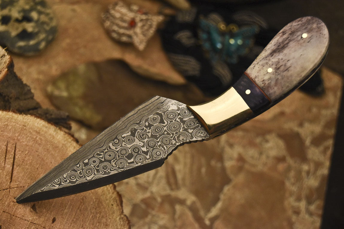 HS-840 Custom Handmade Damascus Skinner Knife With Stained Camel Bone Handle
