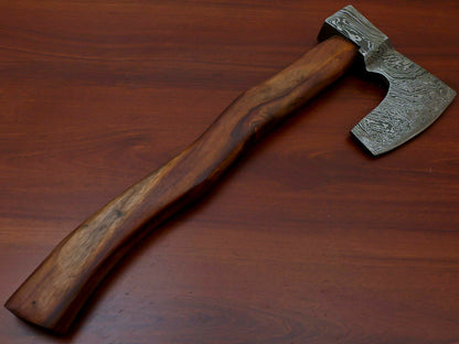 HS-1067 | Custom Handmade Damascus Hand Forged Tomahawk knife, Hatchet, Axe, Integral With Natural Wood