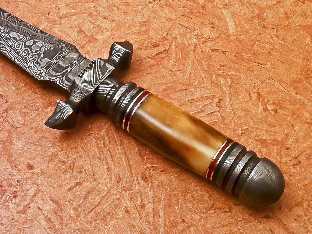 HS-869 Custom Handmade Damascus Dagger Knife With Colored Camel Bone Handle
