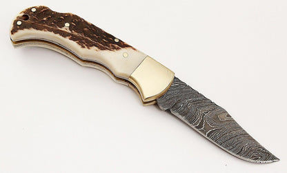 Custom Handmade Damascus Steel Back-Lock Pocket | Folding Knife | Leather Sheath-STAG HORN  Handle