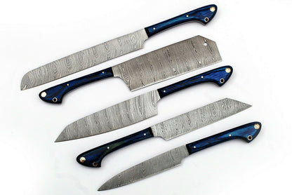 HS-227 Custom Handmade Damascus Kitchen-Chef Knives Set Lot Of Five Pecs With Wood Handle