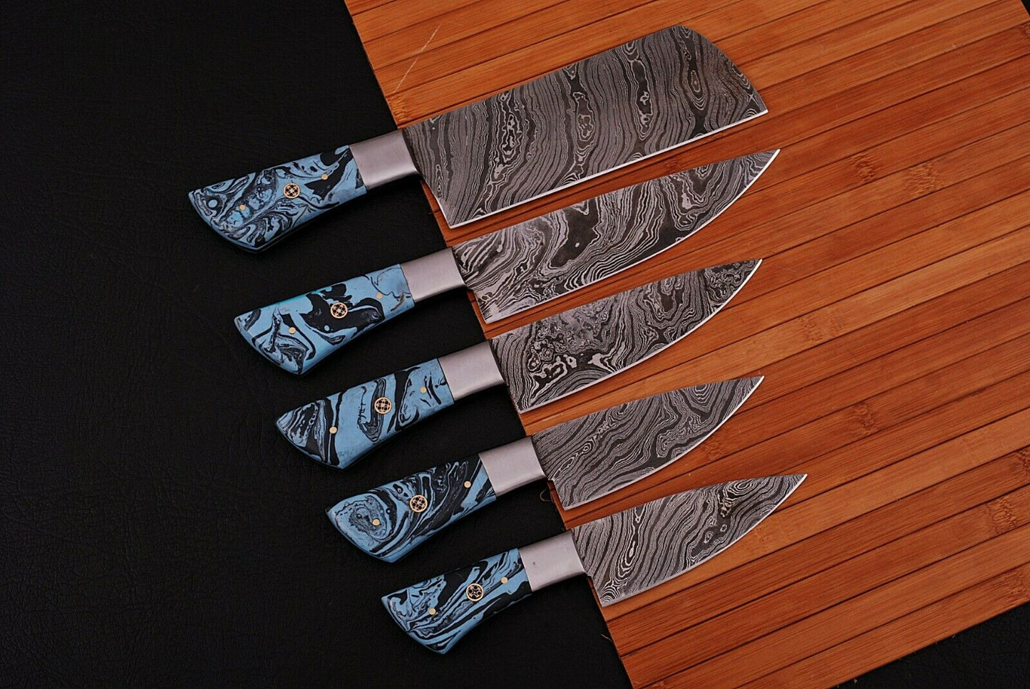 HS-205 Custom Handmade Damascus KItchen-Chef Knives Set Lot Of Five Pecs With Resin Handle