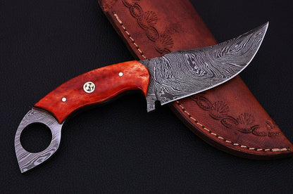 HS-537 Custom Handmade Damascus Hunting/Skinner Knife With Colored Bone Handle