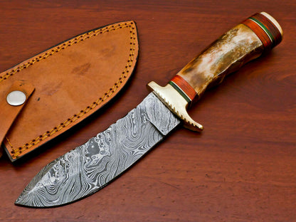 HS-491 Custom Handmade Damascus Hunting Knife With Camel Bone Handle