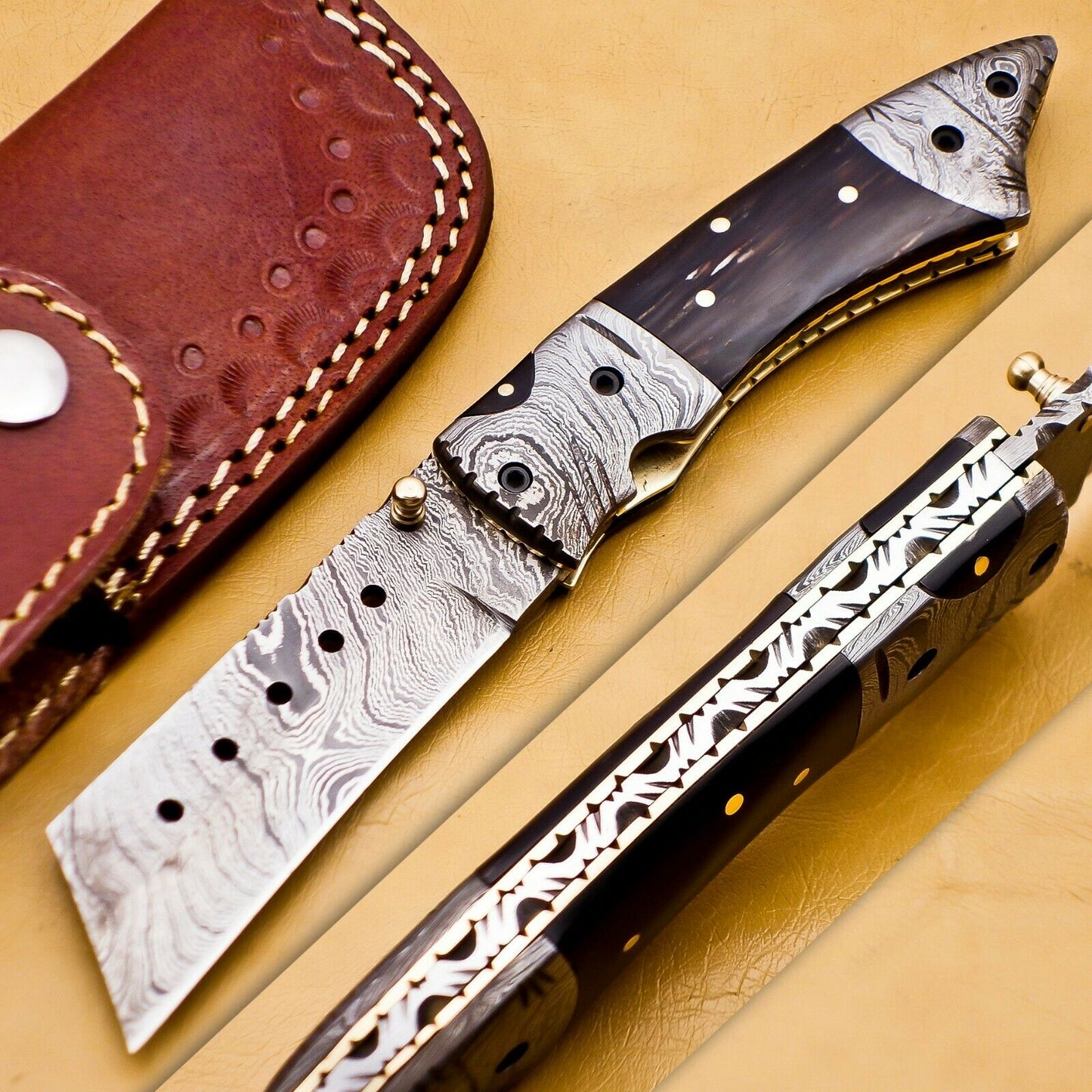 Custom Handmade Damascus Folding-Pocket Knife With Buffalo Horn Handle
