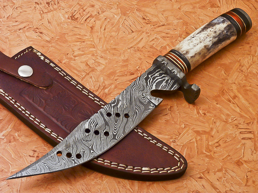 Custom Handmade Damascus Hunting Knife With Camel Bone Handle