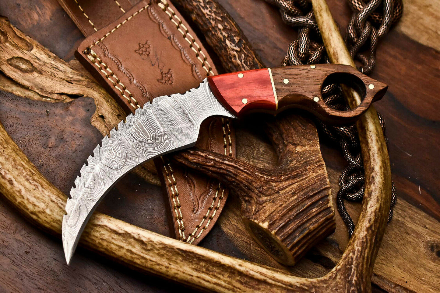 HS-911 Custom Handmade Damascus Steel Karambit Knife - Beautiful Wood Handle