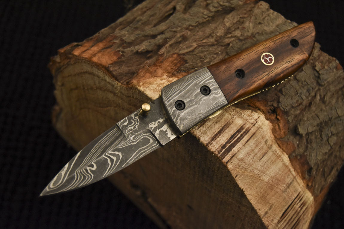 Custom Handmade Damascus Folding/Pocket Knife Liner Lock With Wood Handle