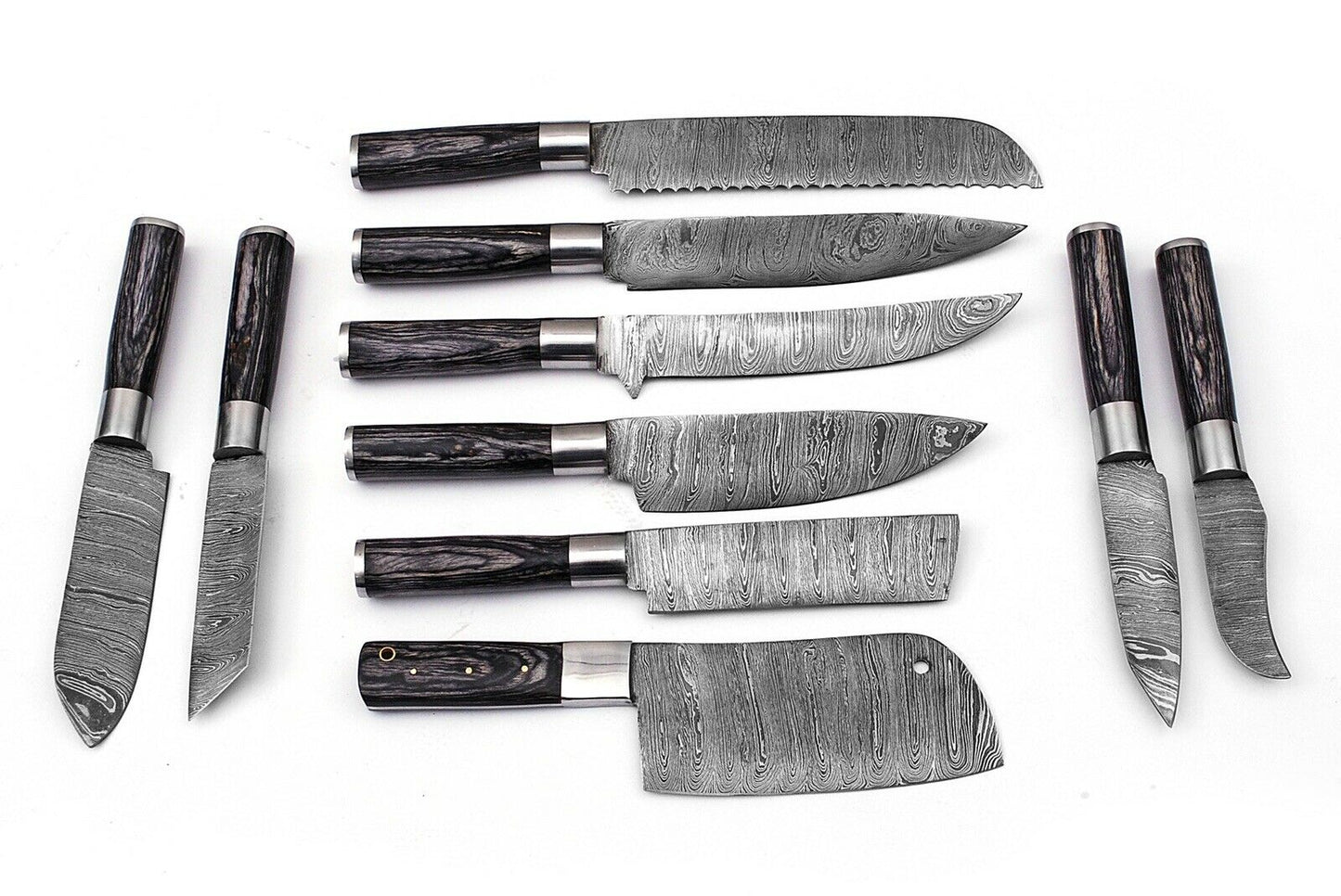 HS-182 Custom Handmade Damascus Steel Chef/Kitchen Knives Set lot of ten - Hard Wood Handle