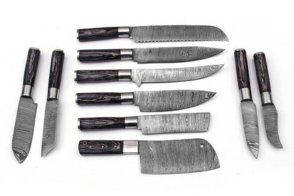 HS-182 Custom Handmade Damascus Steel Chef/Kitchen Knives Set lot of ten - Hard Wood Handle
