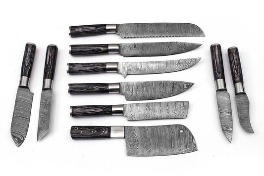 HS-182 Custom Handmade Damascus Steel Chef/Kitchen Knives Set lot of ten - Hard Wood Handle