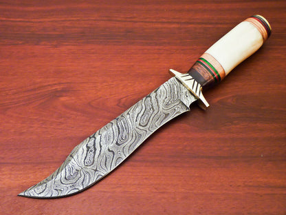 HS-515 Custom Handmade Damascus Bowie/Hunting Knife With Bone & Wood Handle