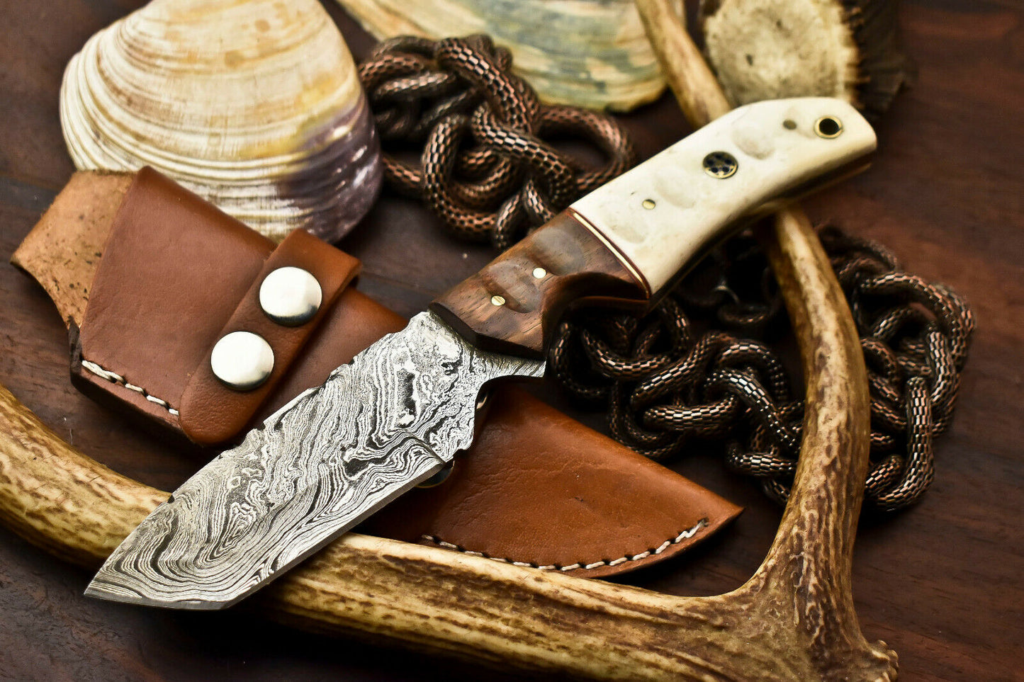 HS-414 | Custom Handmade Damascus Steel Hunting Knife - Wood & Camel Bone Handle