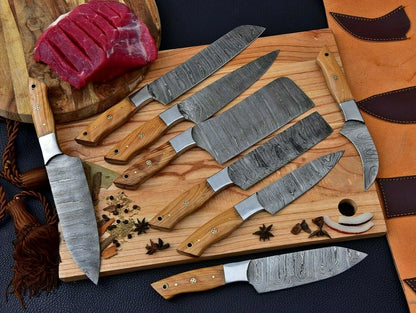 HS-150 HAND FORGED DAMASCUS STEEL CHEF KITCHEN KNIFE SET WITH WOOD HANDLE + SHEATH