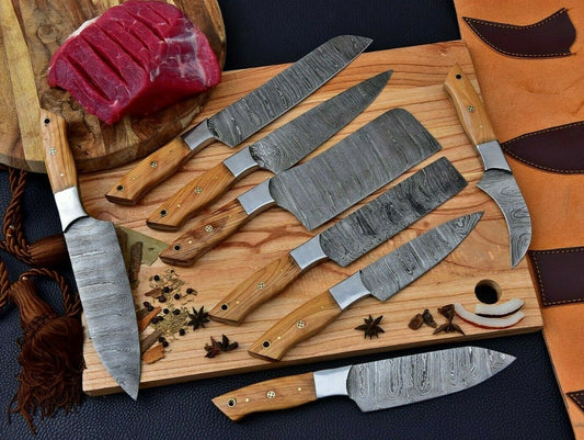 HS-150 HAND FORGED DAMASCUS STEEL CHEF KITCHEN KNIFE SET WITH WOOD HANDLE + SHEATH