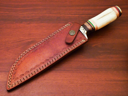 HS-515 Custom Handmade Damascus Bowie/Hunting Knife With Bone & Wood Handle