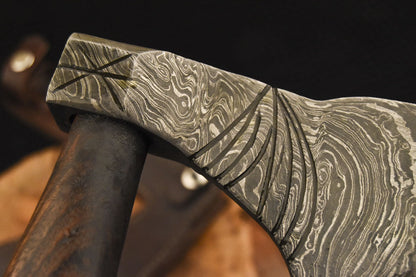 HS-1081 | Custom Handmade Damascus Hand Forged Tomahawk knife, Hatchet, Axe,Integral Natural Wood