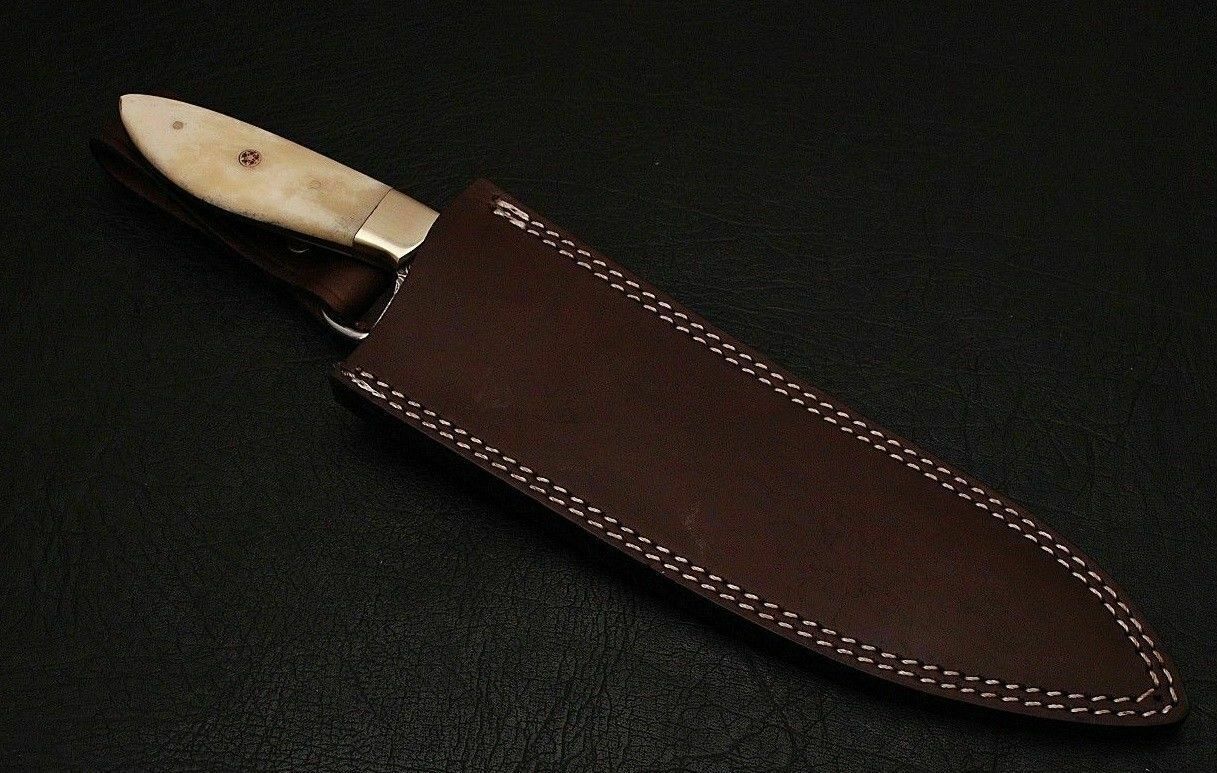 HS-455  Custom Handmade Damascus Kitchen/Chef Knife - Camel Bone Handle - Best Price