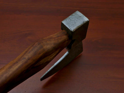 HS-1069 | Custom Handmade Damascus Hand Forged Tomahawk knife, Hatchet, Axe, Integral With Natural Wood