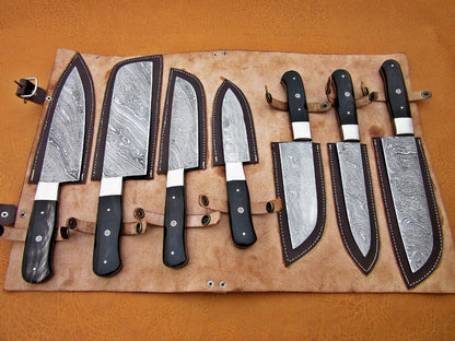 HS-230 Custom Handmade Damascus Kitchen-Chef Knives Set Lot Of 7 Pecs With  Buffalo Horn Handle