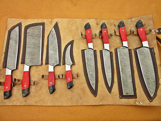 HS-224 Custom Handmade Damascus Kitchen-Chef Knives Set Lot Of 8 Pecs With Bone Handle