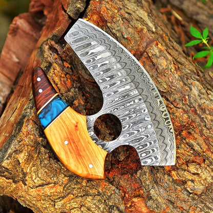 Damascus Ulu Knife – Cocobolo & Olive Wood Resin Handle | HS-1028