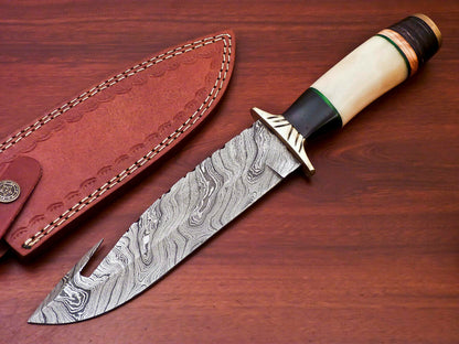 HS-526 Custom Handmade Damascus Hunting Knife Gut Hock Blade With Bone Handle