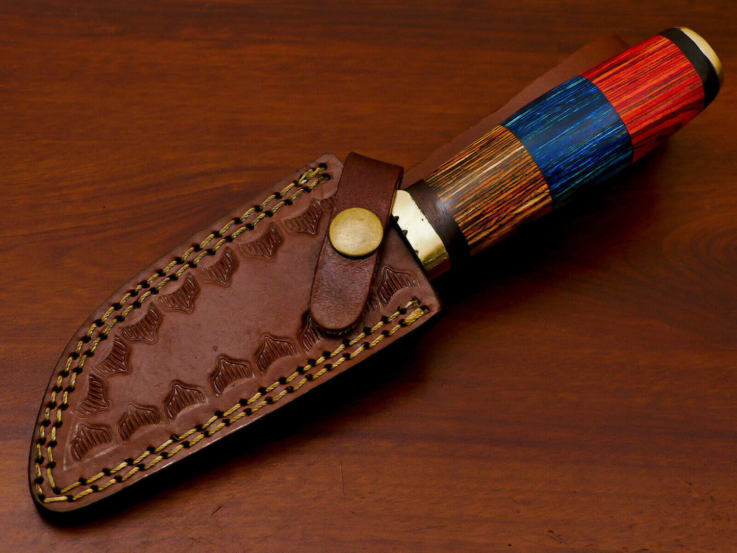 HS-810 Custom Handmade Damascus Skinner Knife With Three Custom Colour  Hard Wood Handle