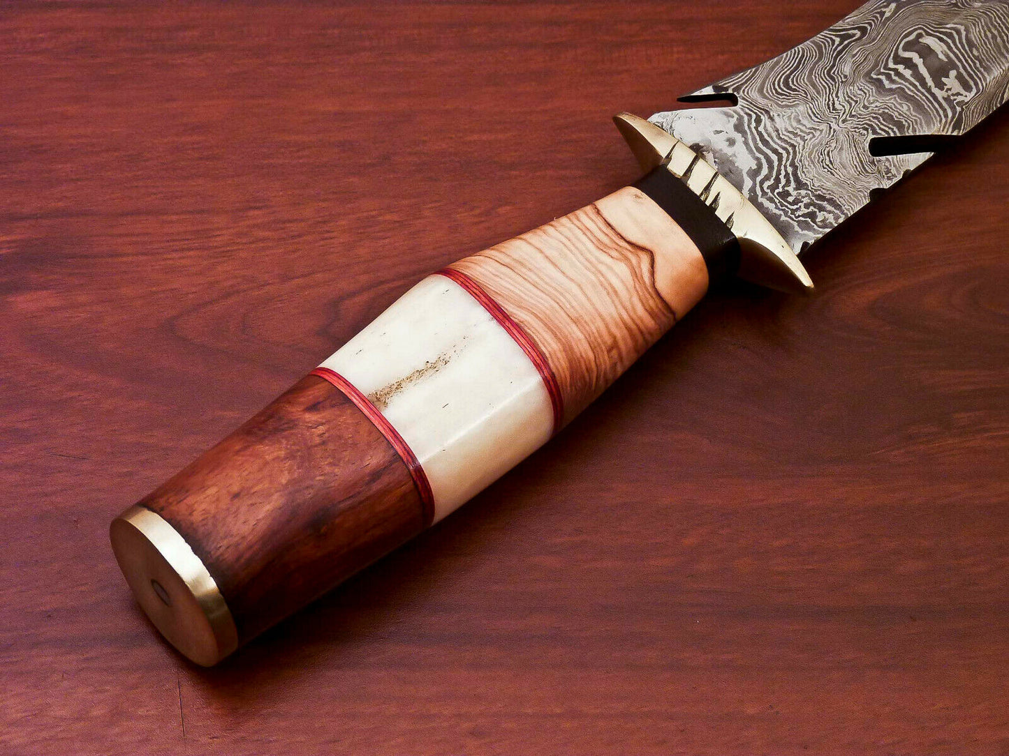 HS-519  Custom Handmade Damascus Hunting Blade Knife With Natural & Hard Wood+Bone Handle