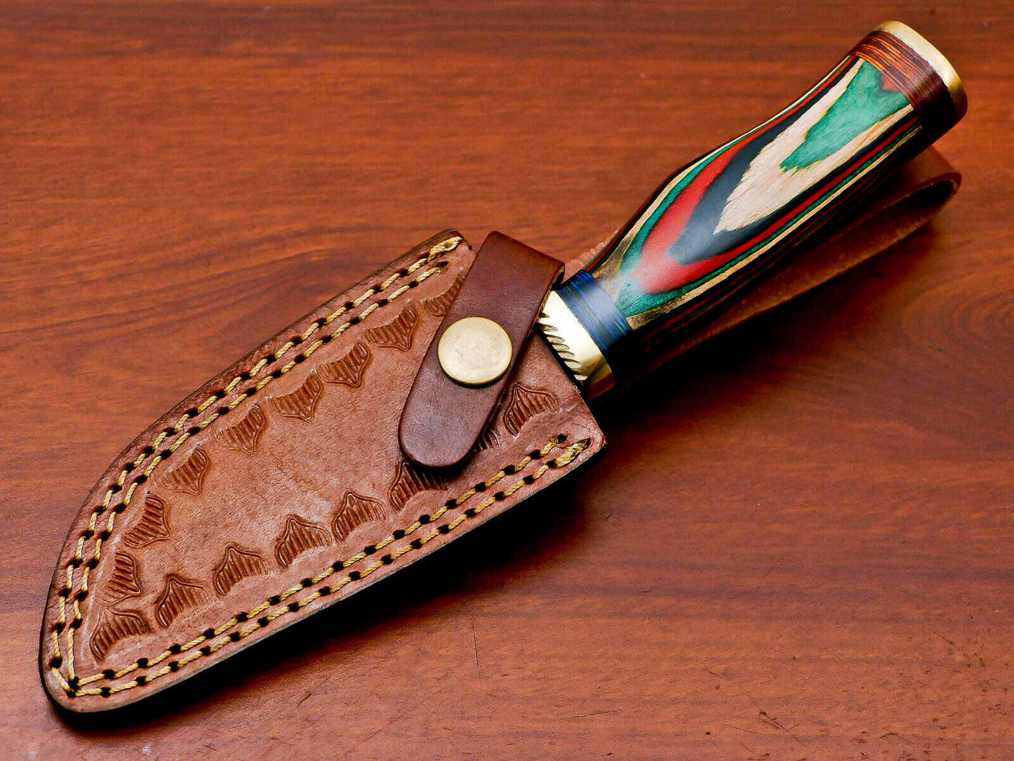 HS-508 Custom Handmade Damascus Hunting/Skinner Knife With Three Shade Colour Hard Wood Handle