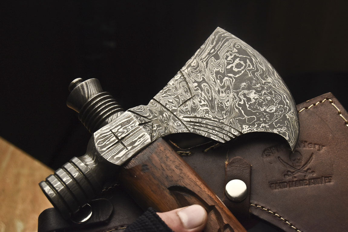 HS-1082 | Custom Handmade Damascus Smoking Tomahawk knife, Hatchet, Axe,Integral Natural Wood