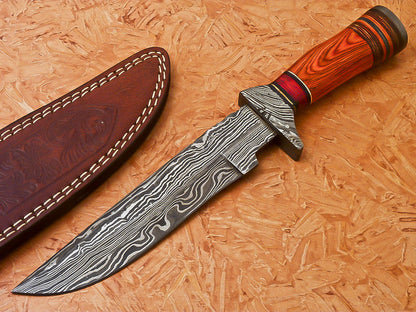 Custom Handmade Damascus Hunting Knife With Hard Wood Handle
