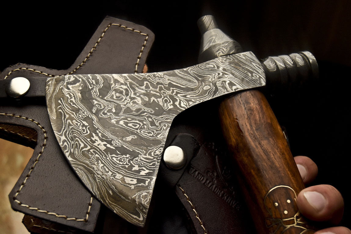 HS-1080 | Custom Handmade Damascus Smoking Tomahawk knife, Hatchet, Axe,Integral Natural Wood