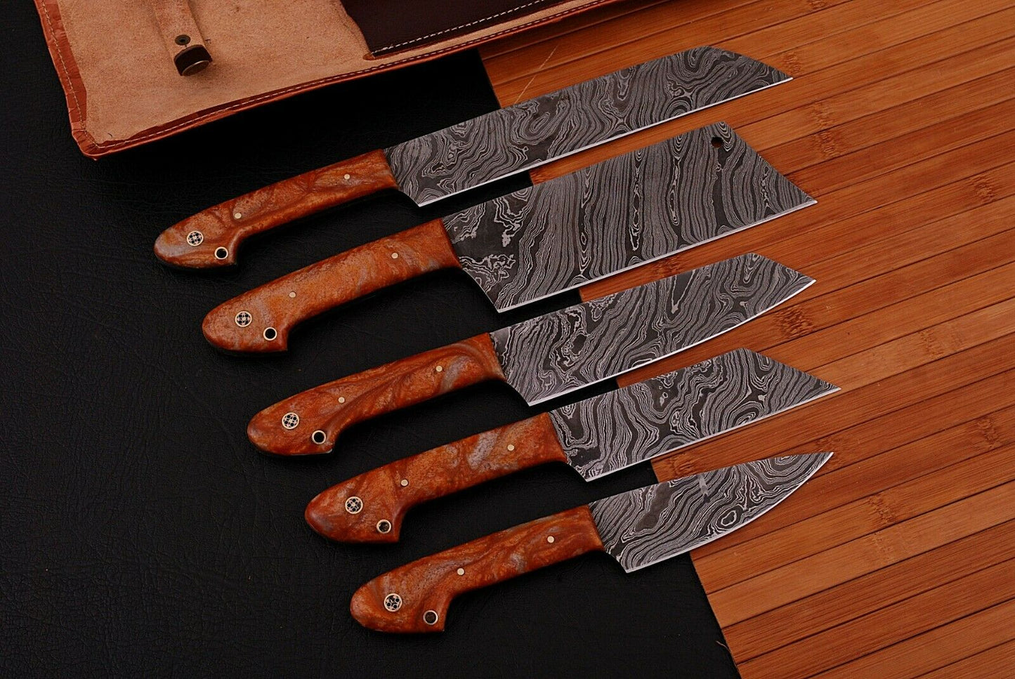 HS-204 Custom Handmade Damascus KItchen-Chef Knives Set Lot Of Five Pecs With Resin Handle